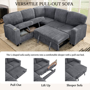 English Elm L-shaped Sectional Sleeper Sofa with Hidden Storage Usb Charging Corduroy Upholstery Grey W1998S00092