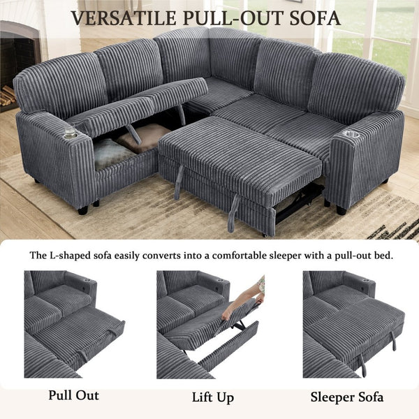 English Elm L-shaped Sectional Sleeper Sofa with Hidden Storage Usb Charging Corduroy Upholstery Grey W1998S00092