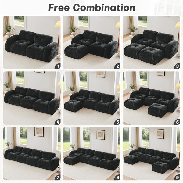 English Elm Three Seater Chenille Sofa with Ottoman Solid Wood Base Tufted Arms Living Room Black W714S01647