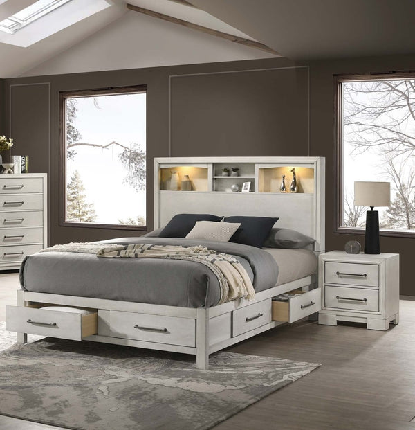 English Elm Modern Transitional Eastern King Platform Bed Open Shelves Led Lights Antique White B011S02119