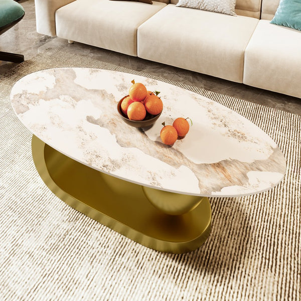 English Elm Modern Oval Coffee Table with Marble-Pattern Sintered Stone Top, Gold Stainless Steel Orb Base, 47.2" CH192938AAK