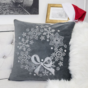 English Elm Gray Velvet Holiday Throw Pillow With Elegant Snowflake Wreath, 20X20 Insert For Seasonal Decor B357P361381