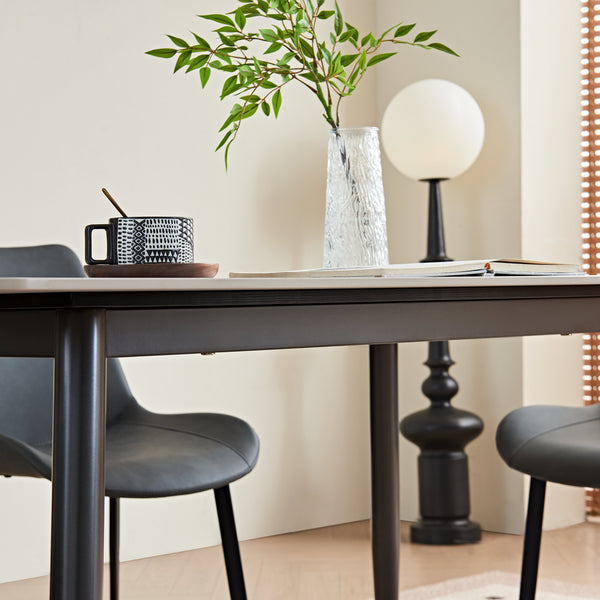 English Elm Large Rectangular Table with Sintered Stone Top and Sculptural Metal Base — Modern Heat‑Resistant Dining Surface White,White Base+Cream Shade W1911S00015