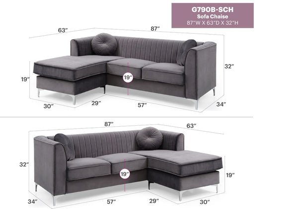 English Elm Delray Channel Quilted Velvet Sectional Sofa Chaise with Glam Chrome Legs Gray B078S00073