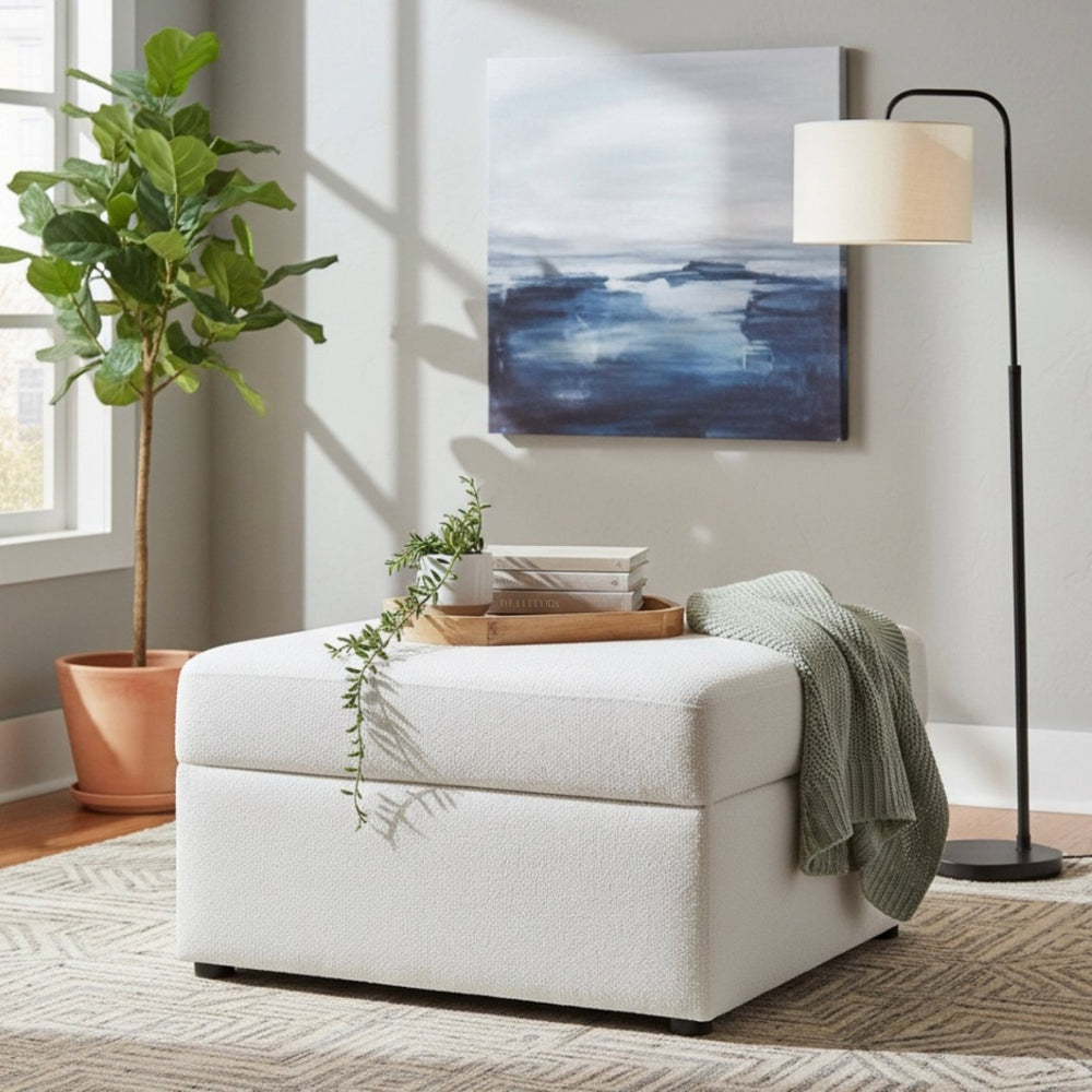 English Elm Chauncy Upholstered Storage Ottoman with Hinged Lid Coil Seat and Rubberwood Frame B050P410802