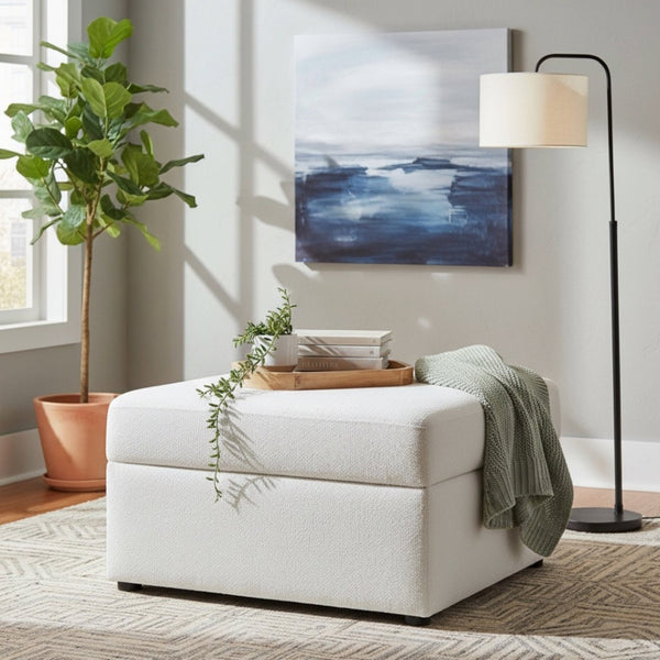 English Elm Chauncy Upholstered Storage Ottoman with Hinged Lid Coil Seat and Rubberwood Frame B050P410802