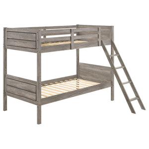 English Elm Brenton Twin-Over-Twin Bunk Bed with Ladder and Slatted Rails, Solid Rubberwood Farmhouse Style Retreat taupe B062S01005