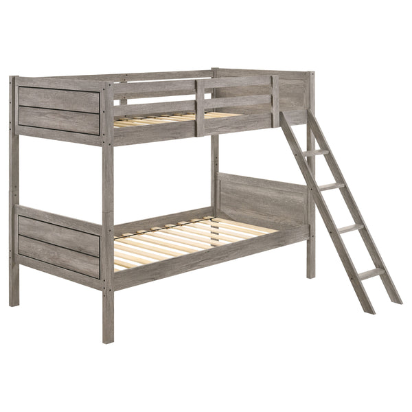 English Elm Brenton Twin-Over-Twin Bunk Bed with Ladder and Slatted Rails, Solid Rubberwood Farmhouse Style Retreat taupe B062S01005