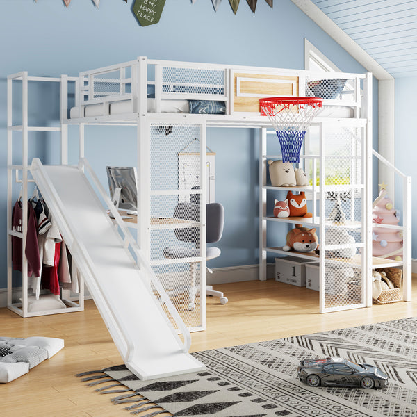 English Elm Full Full Size Metal Loft Bed with Built-In Desk, Slide, Basketball Hoop and Open Wardrobe Storage White GX001524AAK