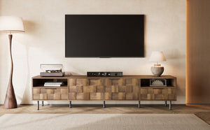 English Elm Mid Century Modern Tv Stand 79 Inch Wood Tone Console with Drawers for Living Room N710P401530P