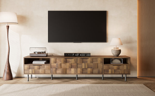 English Elm Mid Century Modern Tv Stand 79 Inch Wood Tone Console with Drawers for Living Room N710P401530P