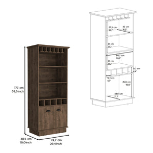 English Elm Bar Cabinet 70"H with Wine Rack, Glass Upper Display, 3 Open Shelves & Lower Storage, Dark Brown B097S00119