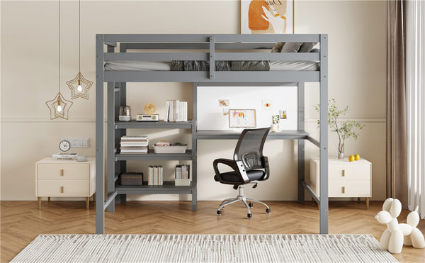 English Elm Twin Loft Bed with Built-in Desk Shelving and Dry-erase Board for Kids Rooms Gray LT100320AAE