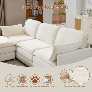 English Elm 104" Plush Cloud Modular 3-Seater Sofa with Ottoman, Beige Corduroy, High-Resilience Foam Comfort W1829S00063