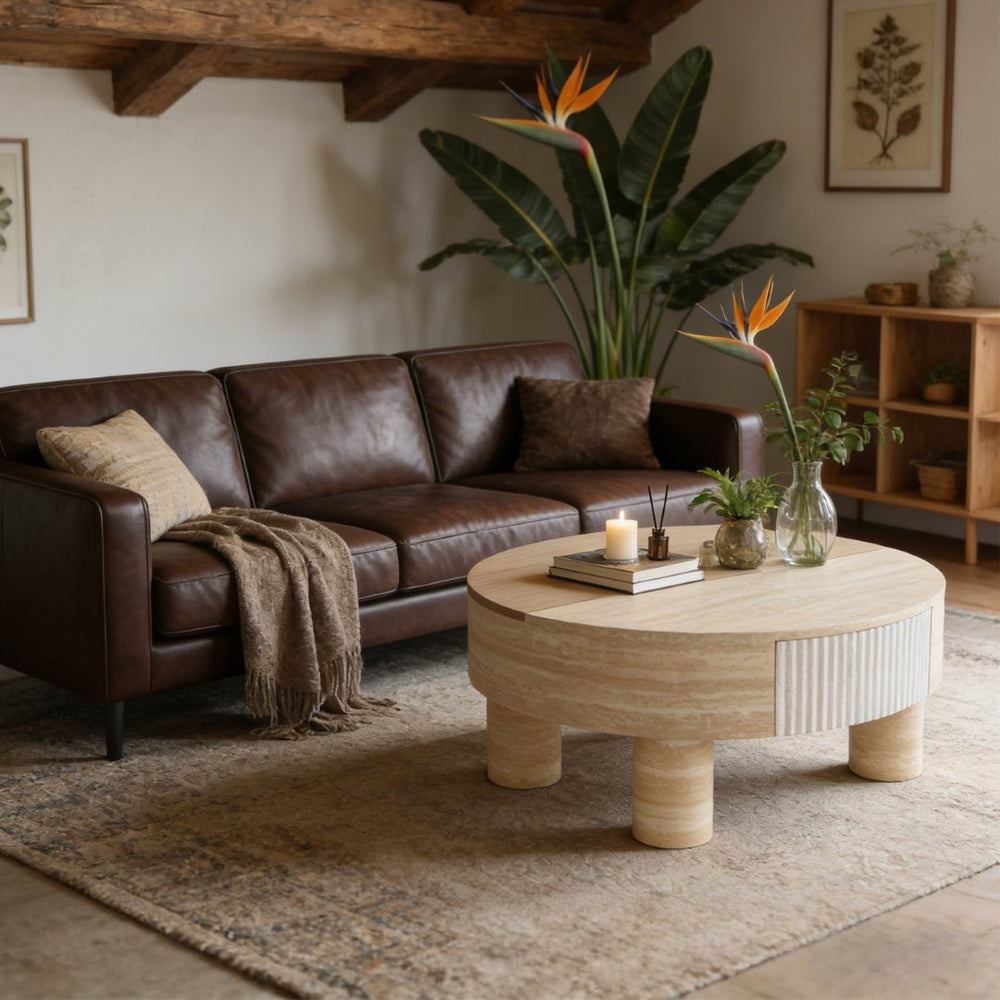 English Elm Round Fluted Coffee Table with Flip Top Hidden Storage Drawers for Small Living Rooms W3040P428644