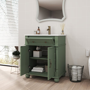 English Elm 27.8" Mid-century Freestanding Bathroom Vanity with Ceramic Sink Drawer and Wood Base Green W1801S00007