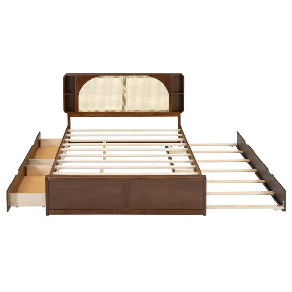 English Elm Queen Size Rattan Headboard Bed With Trundle, Drawers & Elegant Walnut Finish For Versatile Style N820S00013D-GIGA