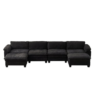 English Elm Living Room U-shape Chenille Sectional Sofa with Two Ottomans Pocket Coil Support Black W1097S00242