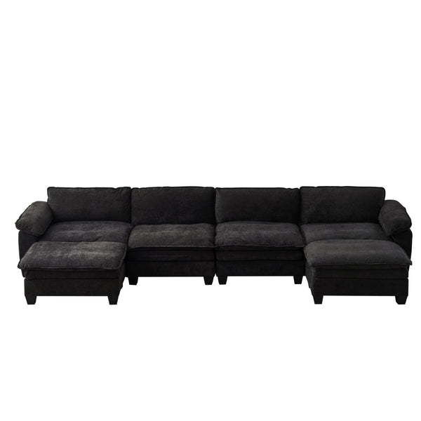 English Elm Living Room U-shape Chenille Sectional Sofa with Two Ottomans Pocket Coil Support Black W1097S00242