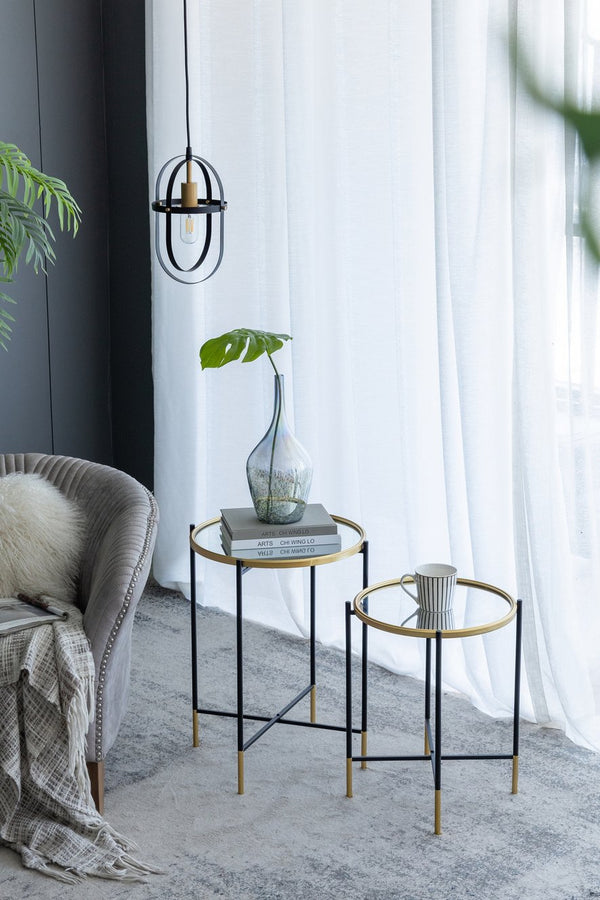 English Elm Set Hannes Nesting Side Tables with Glass Tops Elegant Deco-Modern Metal Frame for Living Rooms Black,Gold W2078P394070