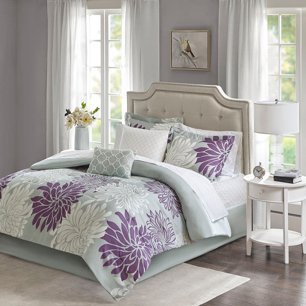 JLA Home Madison Park Essentials - 9 Piece Comforter Set with Cotton Sheets - Grey Purple Floral Microfiber, Antimicrobial, Fits 14" Mattresses MPE10-736