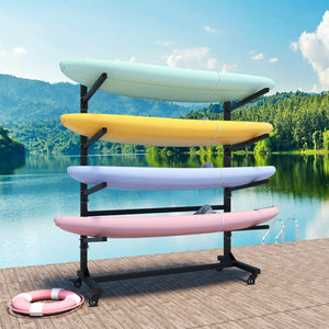 English Elm 80''h Freestanding Steel Kayak Storage Rack Holds 4 Vessels with Locking Caster Wheels T2398P305831