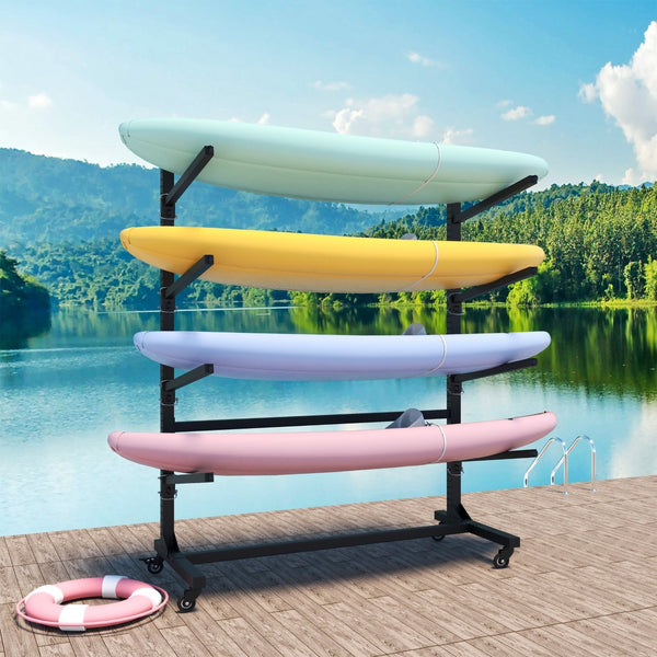 English Elm 80''h Freestanding Steel Kayak Storage Rack Holds 4 Vessels with Locking Caster Wheels T2398P305831