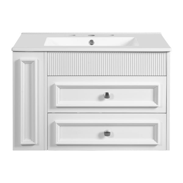 English Elm 30'' Wall Mounted Bathroom Vanity with Ceramic Sink, Floating MDF Cabinet, Soft-Close Drawers & Ample Storage White N710P334915K