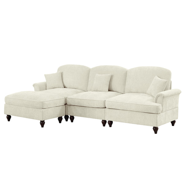 English Elm Mid Century three-seater modular L-shaped sectional sofa with removable ruffle skirts, chenille comfort and spindle legs — versatile, elegant seating solution Beige+White W3041S00234
