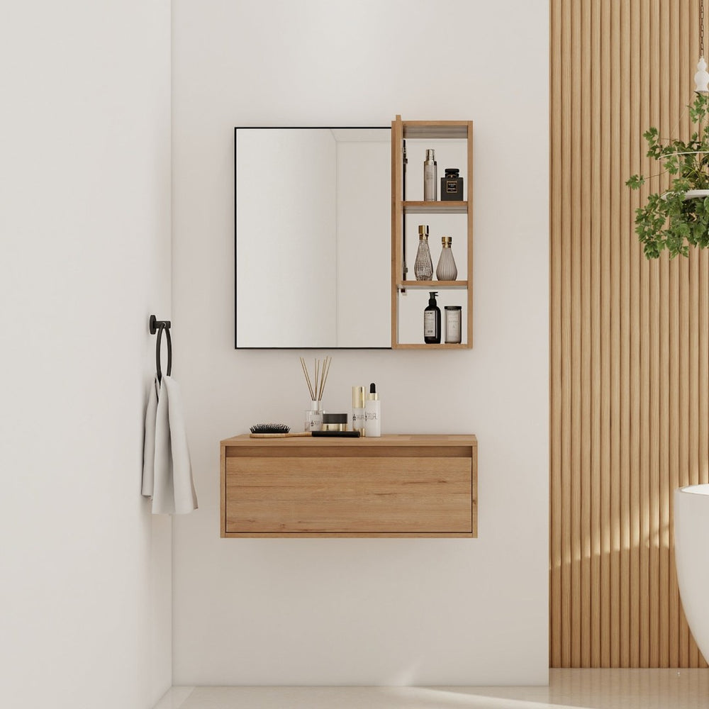English Elm 30'' Wall Mounted Mirror Cabinet Black Aluminum Frame Soft Close Bathroom Storage W999S00539