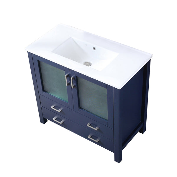 English Elm Navy Blue Bath Vanity 36” W X 18.25” D With White Ceramic Top, Soft-Close Drawers & Ample Storage B2731P260443