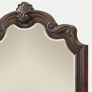 English Elm Mohogany Ornate Mirror with Beveled Glass and Scrolling Solid Wood Frame in Rich Mahogany Finish B2699P230440