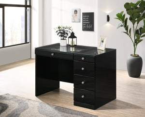 English Elm 2pc Black Vanity Set with LED Lighted Mirror, Glass Top, 5 Smooth-Glide Drawers & Crystal Knobs B2741S00139