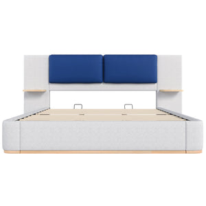 English Elm Christopher Knight Home® - King PU Leather Bed Frame with Wingback Headboard & Footboard, Gold Accents, Platform Slat Support, Elegant Design Blue+Grey 76.4 L x 12.75 W x 8.75 H N761S0000024E