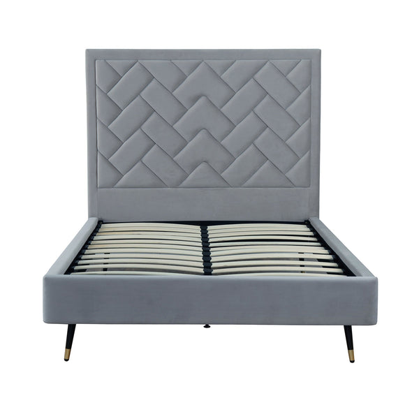 English Elm Crosby Upholstered Velvet Full Bed with Chevron-Stitched Headboard, Solid Slats, No Box Spring Needed Grey B365S00031