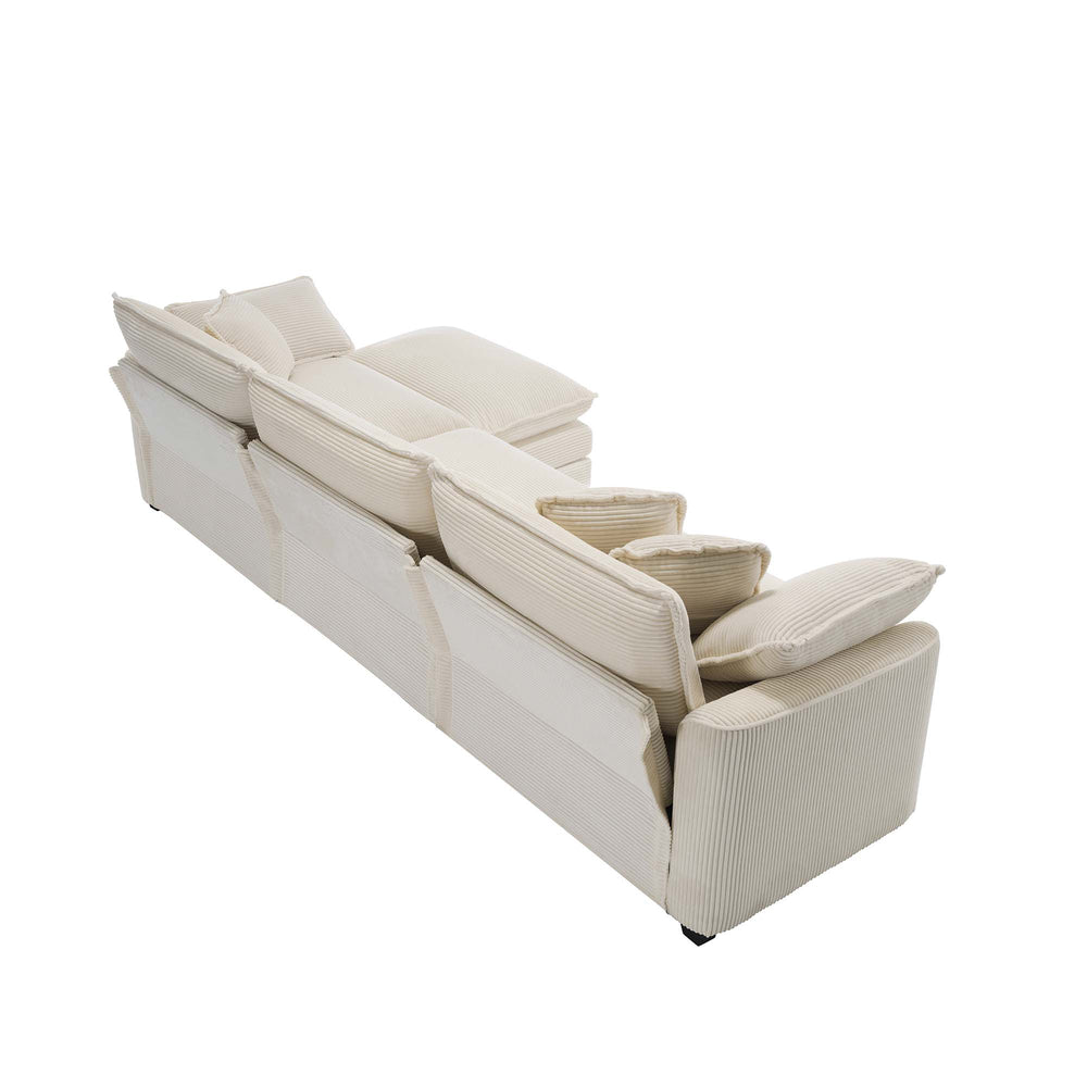 English Elm Sectional Corduroy 3-Seat Modular Sofa with Ottoman — Deep-Seat Memory Foam, Removable Arms, Beige W714S00777