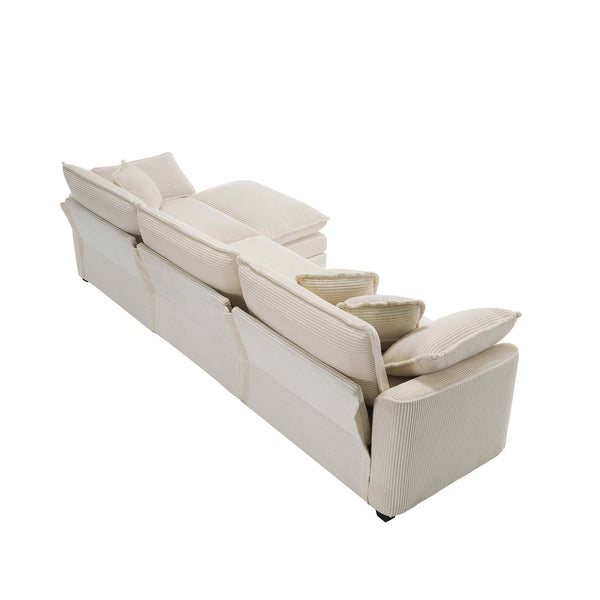 English Elm Sectional Corduroy 3-Seat Modular Sofa with Ottoman — Deep-Seat Memory Foam, Removable Arms, Beige W714S00777