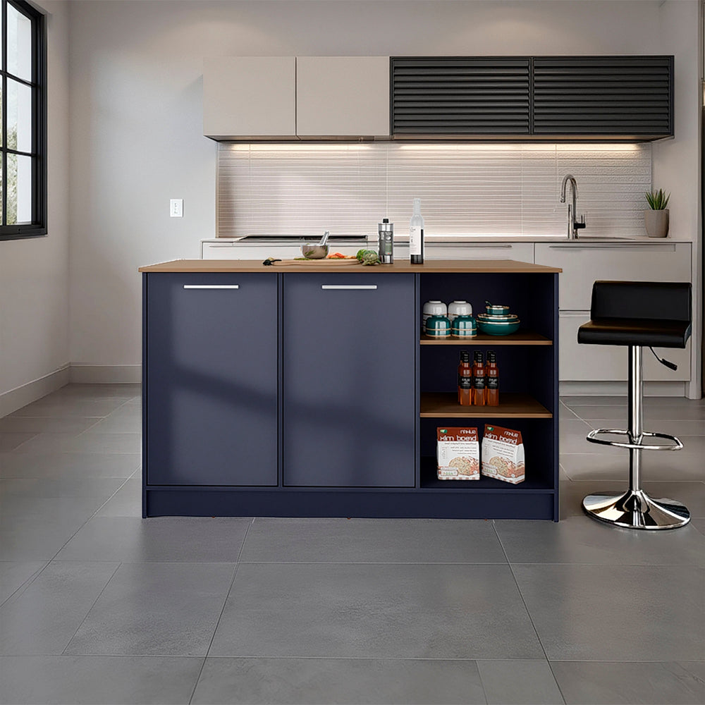 English Elm Kronos Blue Kitchen Island With Natural Oak Finish, Open Storage & Concealed Compartments For Clutter-Free Living B062S01389