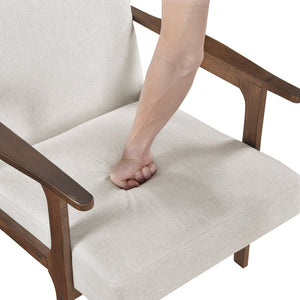 English Elm Modern Mid-Century Accent Chair Walnut Frame with Textured Linen Upholstery and Cushioned Seat Comfortfulness Beige 26.5 L x 23.5 W x 10 H B011P308028