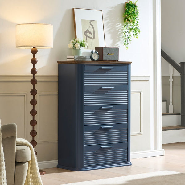 English Elm 6 Drawer Tall Fluted Chest with Waveform Fronts Slim Wooden Storage for Modern Bedroom Navy Blue T5326P425093