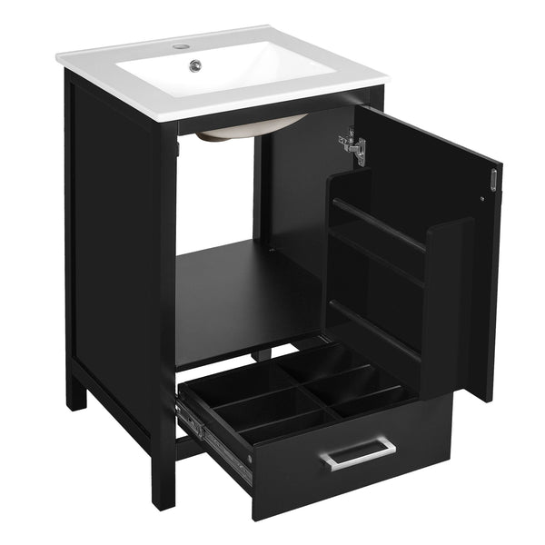 English Elm 20-Inch Compact Bathroom Vanity with Ceramic Sink, Soft-Close Storage, Divider Drawer & Easy Plumbing Access Black N729P334847B