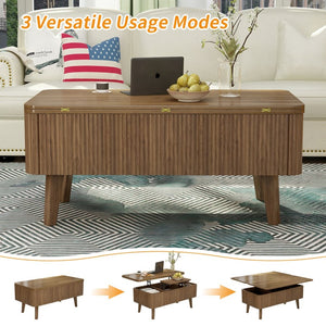 English Elm 3 in 1 Oval Lift Top Coffee Table Fluted Wood Storage Converts for Living Room W2641P422965