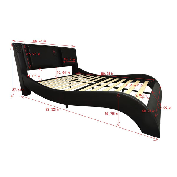 English Elm Faux Leather Queen Platform Bed Curved Headboard Rgb Lighting Bluetooth Massage W2297S00028