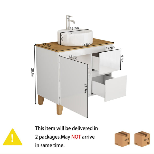 English Elm 31.5-inch Bathroom Vanity Solid Wood Top Ceramic Basin Soft Close Glossy White W3151S00069