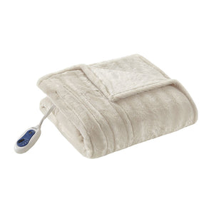 JLA Home Beautyrest - Faux Fur Heated Throw Oversized Plush Electric Blanket with Low-EMF Secure Comfort Heating, OEKO-TEX Certified Ivory BR50-0751