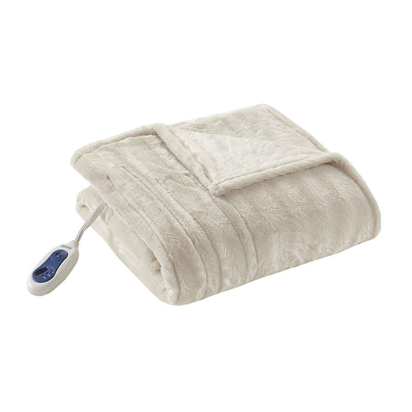 JLA Home Beautyrest - Faux Fur Heated Throw Oversized Plush Electric Blanket with Low-EMF Secure Comfort Heating, OEKO-TEX Certified Ivory BR50-0751