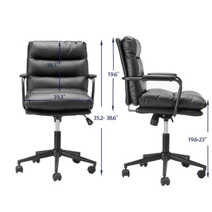 English Elm Black Black Leather Office Chair Mid Back PU Executive Desk Chair with Thick Cushion, Wheels, Arms, Durable Comfort, Easy Assembly B205P241911