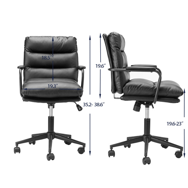 English Elm Black Black Leather Office Chair Mid Back PU Executive Desk Chair with Thick Cushion, Wheels, Arms, Durable Comfort, Easy Assembly B205P241911