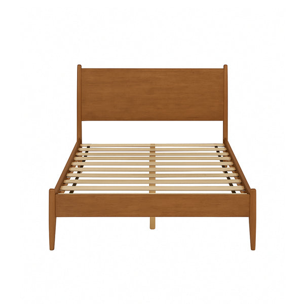 English Elm Mid-Century Full Size Wooden Platform Bed In Warm Oak Finish With Tall Supportive Headboard B016S00019