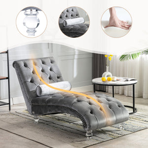 English Elm Velvet Curved Chaise Lounge Sofa with Button-Tufted Back, Thick Foam Cushion & Acrylic Legs for Living Room Comfort Silver W39538683